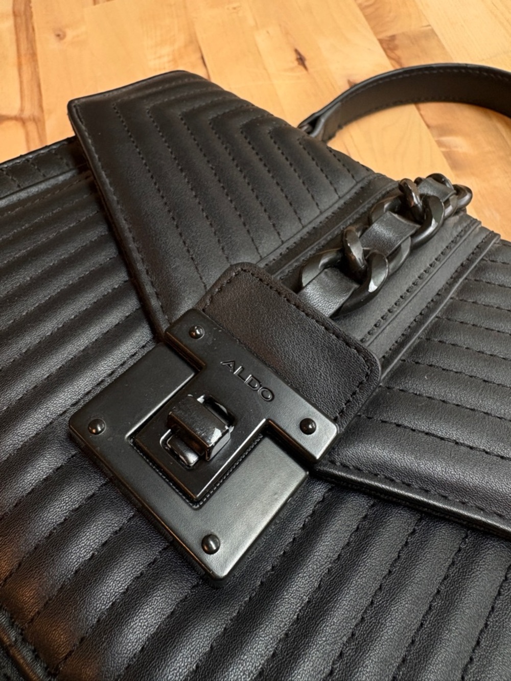 Aldo Black Quilted Chain-Accent Top Handle Satchel - Picture 6 of 14